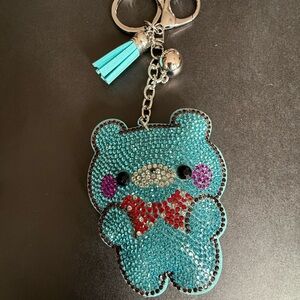 Bling Jewelry Turquoise Crystal Bear Keychain with Red Bow and Purple Cheeks